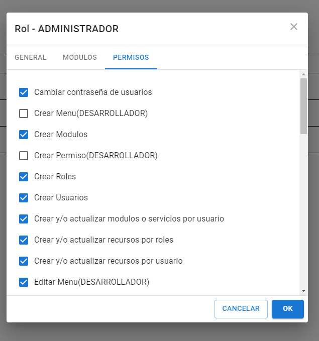 Editar los permisos x rol